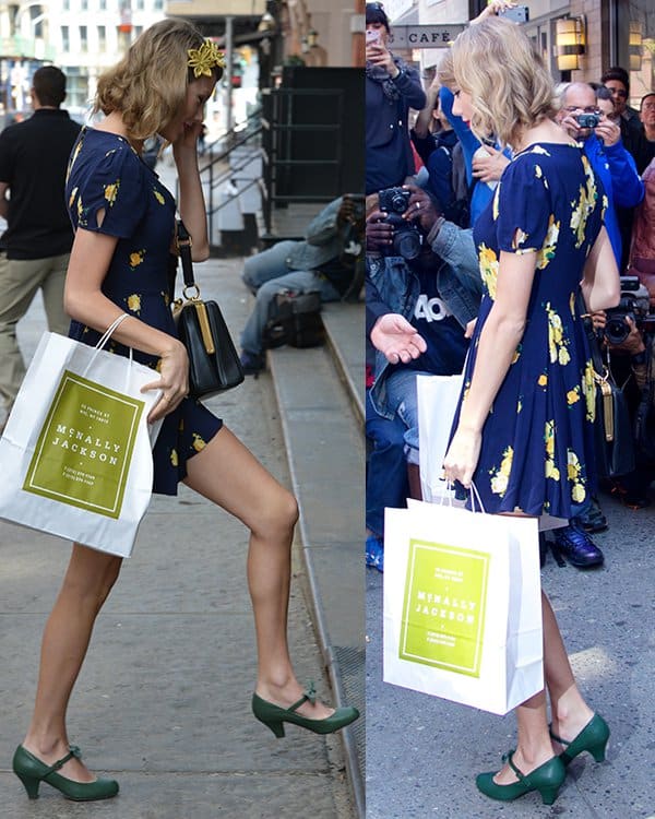 Taylor Swift wearing Urban Outfitters “Ruby” keyhole fit-and-flare dress