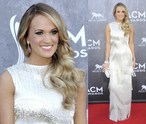 Carrie Underwood in a fringed white gown by Oscar de la Renta at the 49th Annual Academy of Country Music Awards in Las Vegas on April 6, 2014