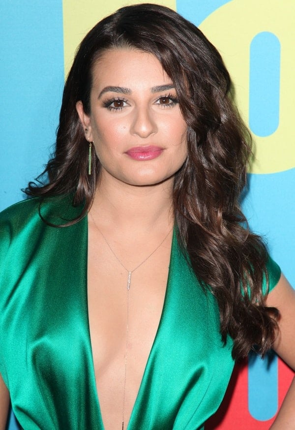 Lea Michele's Jennifer Meyer earrings and side-parted wavy hairstyle