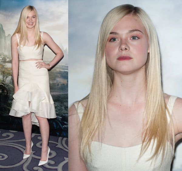 Elle Fanning in a crop top and a ruffled white skirt by Ellery at the 'Maleficent' photo call at the Corinthia Hotel in London