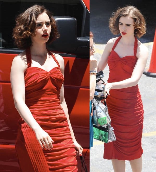 Lily Collins on set for an unnamed Warren Beatty project in Los Angeles on May 3, 2014