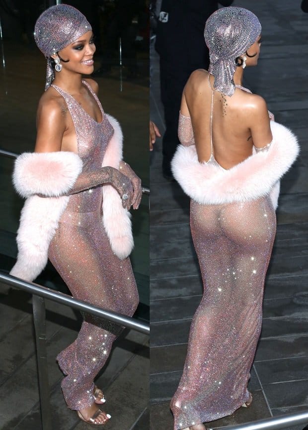 Rihanna wearing a headscarf embellished with over 230,000 Swarovski crystals