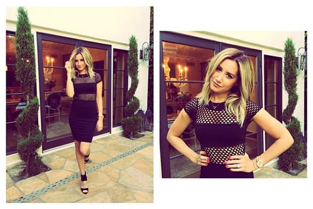 Ashley Tisdale wearing a Donna Mizani dress and B Brian Atwood sandals for Shark After Dark appearance on August 13 - posted on Instagram on August 14, 2014