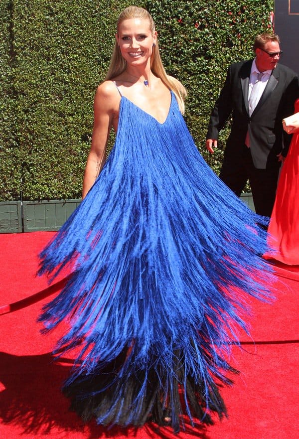 Heidi Klum's bright blue fringe gown by Sean Kelly