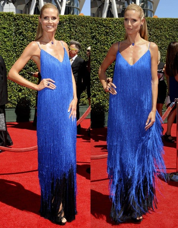Heidi Klum in a blue fringe dress at the 2014 Creative Arts Emmy Awards