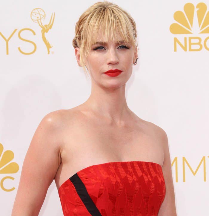 January Jones wore a red patterned Prabal Gurung dress with a high/low hem