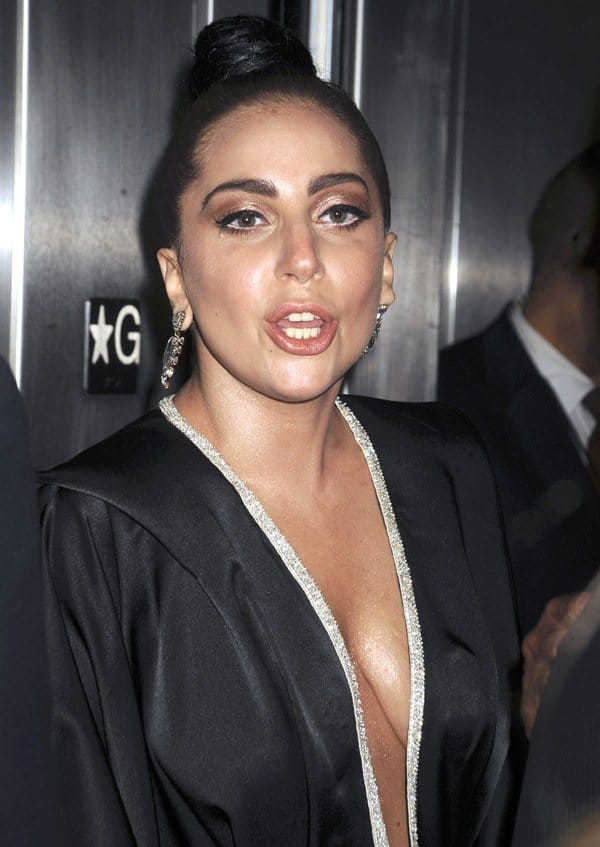 Lady Gaga flashes cleavage in an Alon Livné dress