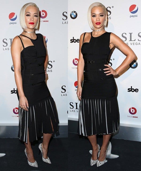 Rita Ora styled her black dress with zebra print pumps from Casadei