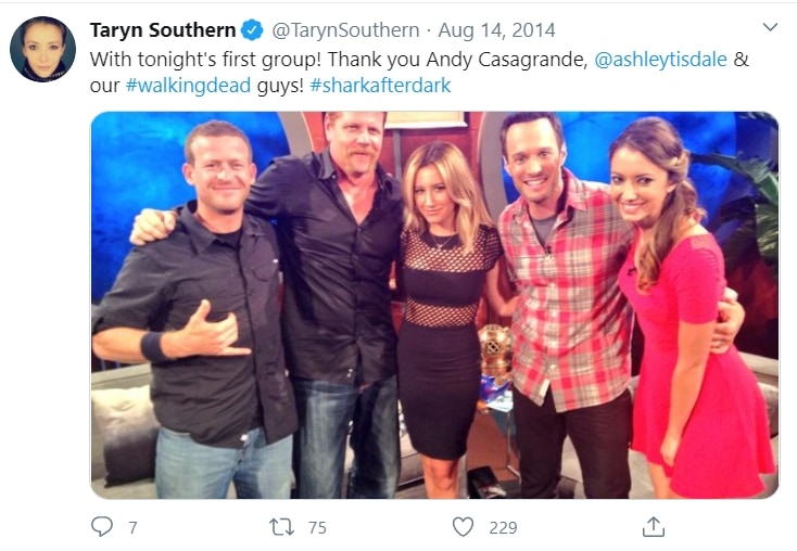 Taryn Southern shares on Twitter: With tonight's first group! Thank you, Andy Casagrande, @ashleytisdale & our #walkingdead guys! #sharkafterdark