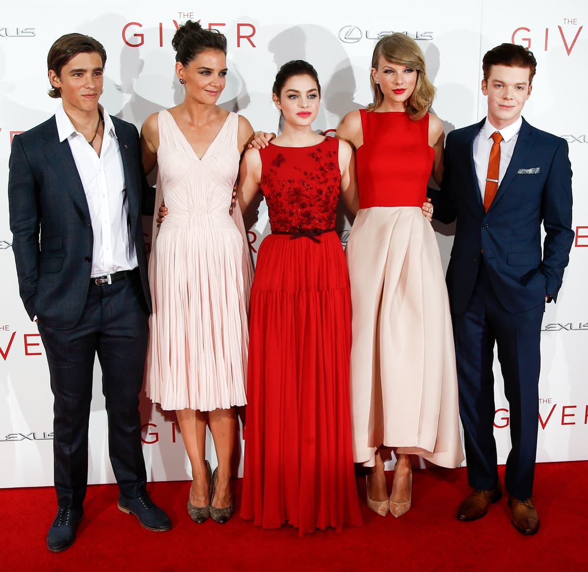 Actors Brenton Thwaites, Katie Holmes, Odeya Rush, Taylor Swift, and Cameron Monaghan attend "The Giver"