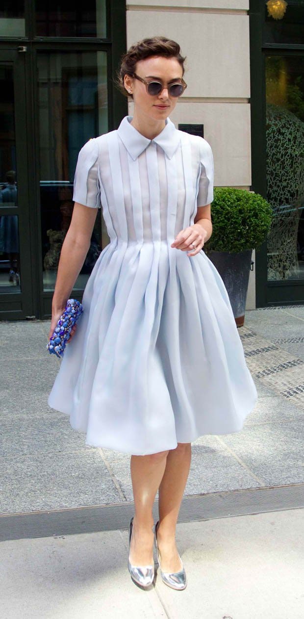 Keira Knightley wears an ethereal Prada dress with silver metallic shoes