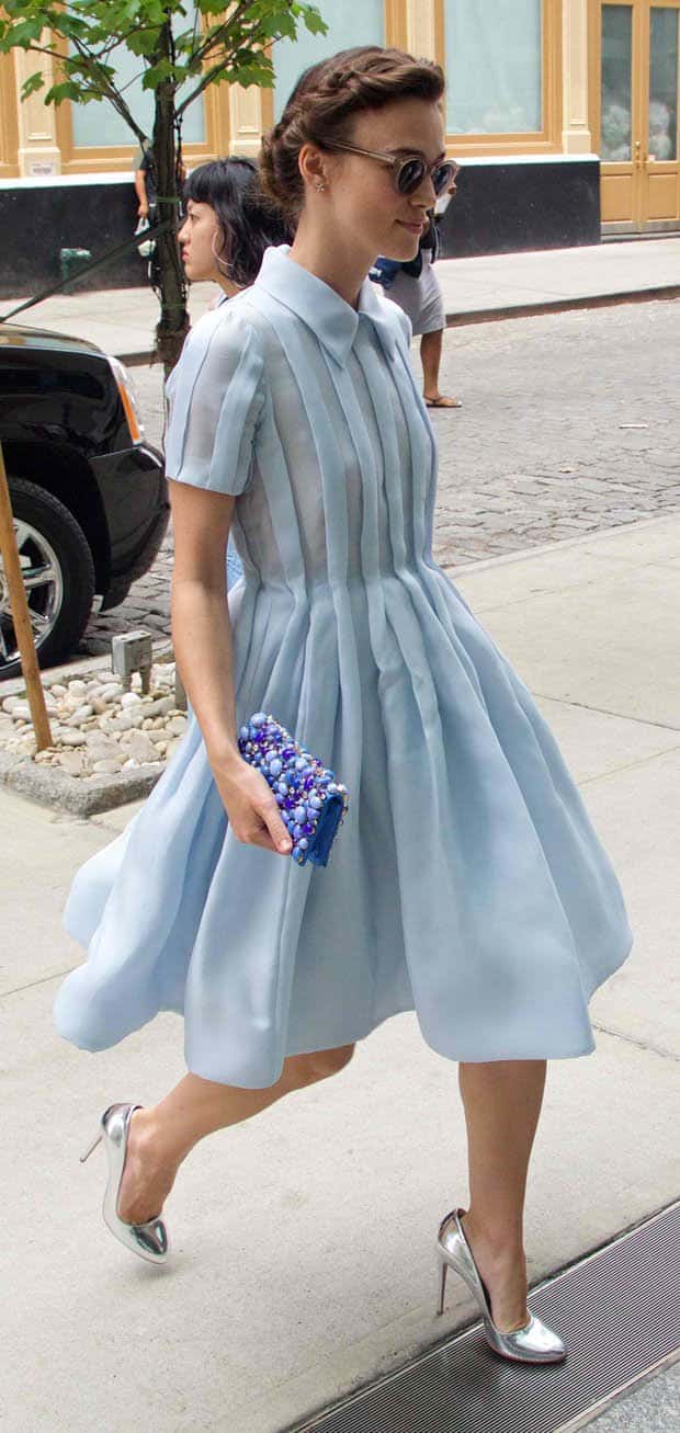 Keira Knightley totes a Prada Zoe stone-embellished Raso clutch in New York City