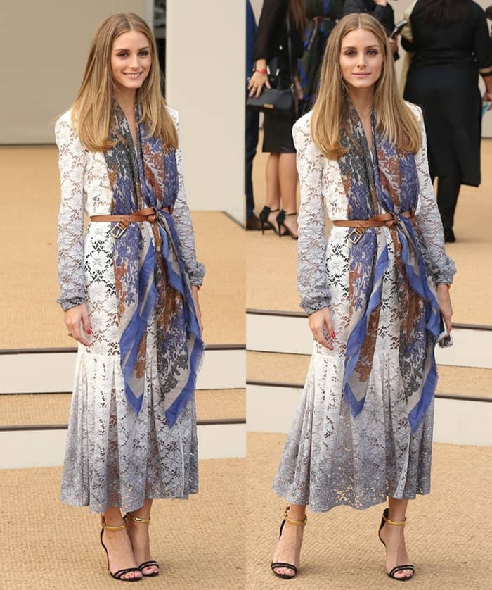 Olivia Palermo styled her Burberry Resort 2015 dress with a Carolina Herrera scarf and a brown Max & Co. belt at the Peter Pilotto runway show