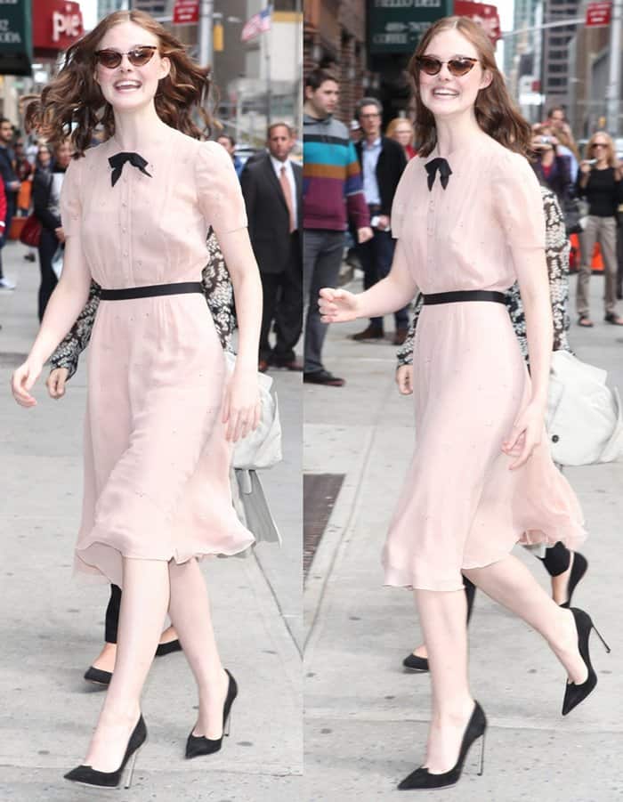 Elle Fanning styled her nude-colored Jenny Packham dress with black pumps