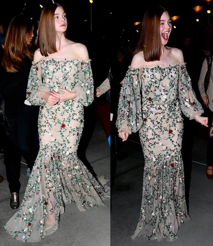 Elle Fanning wore a dramatic floor-length gown that made her look older