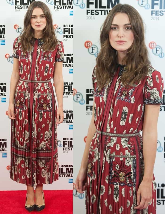 Keira Knightley attended a photo call for The Imitation Game in a Valentino spring 2015 floral frock that features a detailed collar and electric pleats