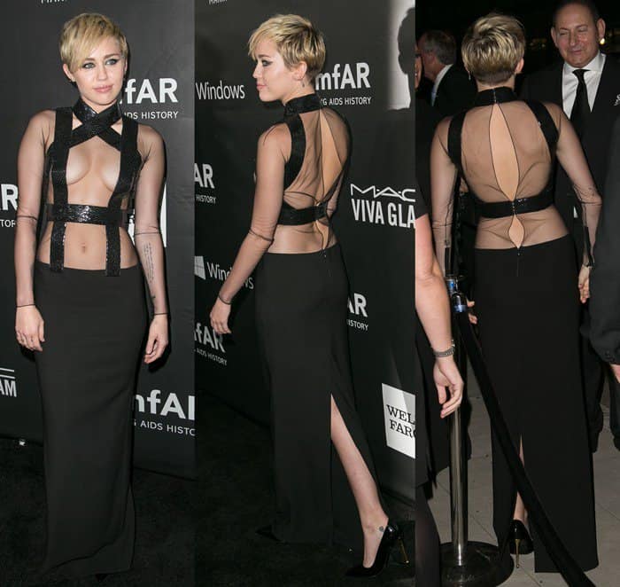 Miley chose a piece from Tom Ford's Spring 2015 collection, which was a sheer gown featuring a strapped bodice, a style that has become familiar for her
