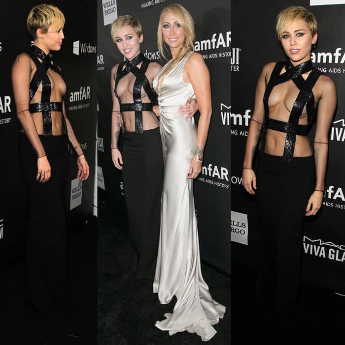 Miley Cyrus, posing with her mother Tish Finley Cyrus, at the 2014 amfAR LA Inspiration Gala