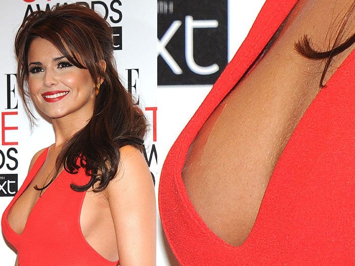 Cheryl Cole avoided a wardrobe malfunction at the Elle Style Awards using boob tape, looking stunning in a red Alexander McQueen gown at the Grand Connaught Rooms in London