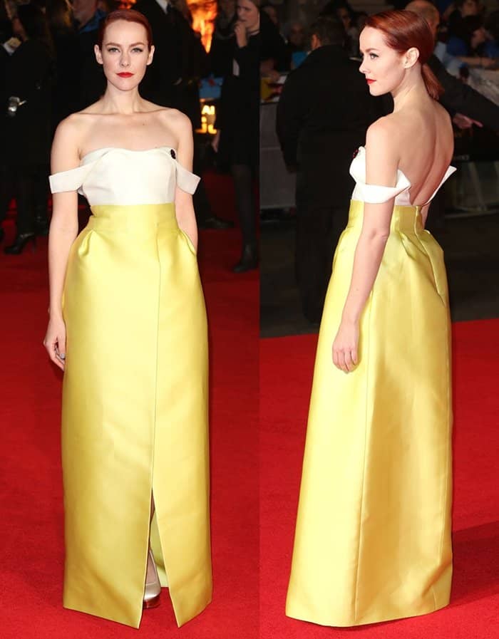Jena Malone in an ivory and yellow two-piece Emilia Wickstead outfit at the world premiere of The Hunger Games: Mockingjay — Part 1