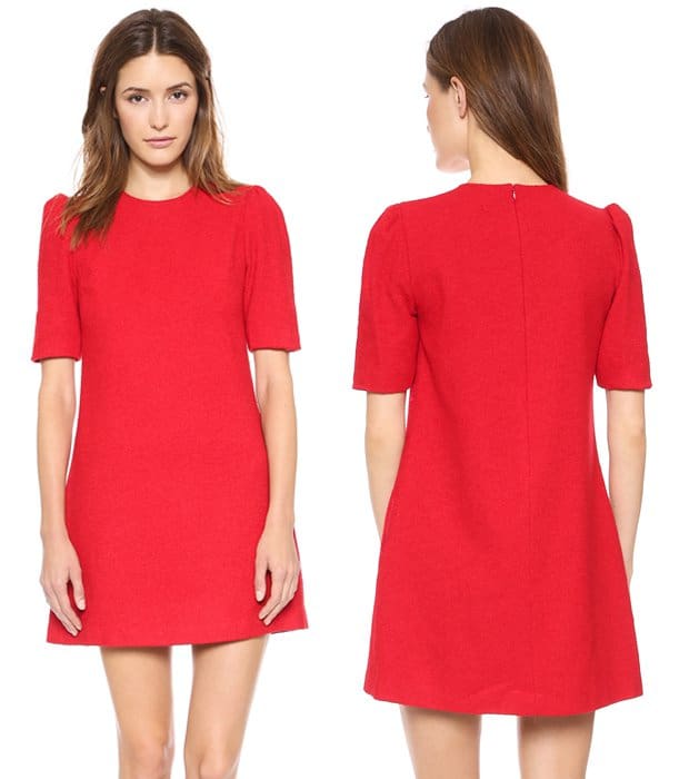 This red dress is made from bouclé tweed for a tactile take on the classic shift profile
