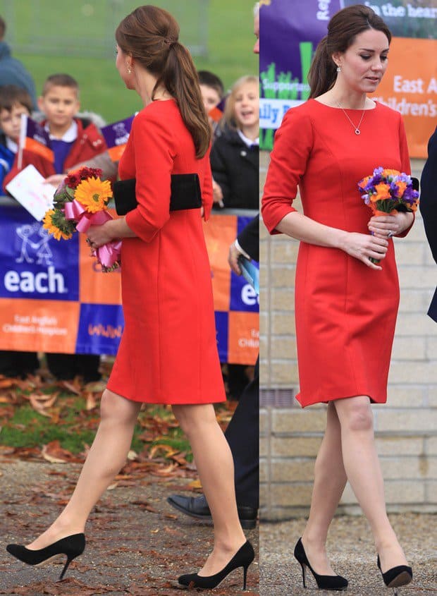 The Duchess of Cambridge flaunts her legs in a shapeless red dress with three-fourth sleeves