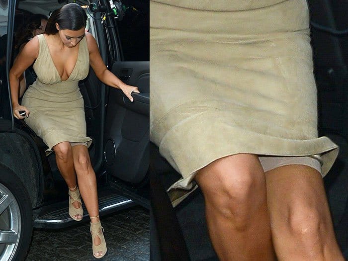 Kim Kardashian let her Spanx show in a brown Ermanno Scervino dress in Manhattan
