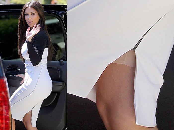Kim Kardashian flashes Spanx in a white Antonio Berardi dress