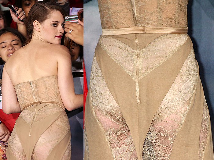 Kristen Stewart wore a nude-colored Zuhair Murad gown with a lace skirt featuring sheer panels, and underneath she opted for a nude leotard-like garment that covered only her tush