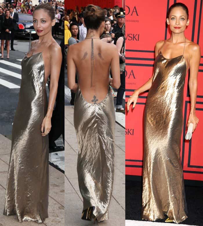 Nicole Richie attended the 2013 CFDA Fashion Awards in New York City and looked stunning in a metallic bronze Marc Jacobs slip-dress from the Fall 2013 collection