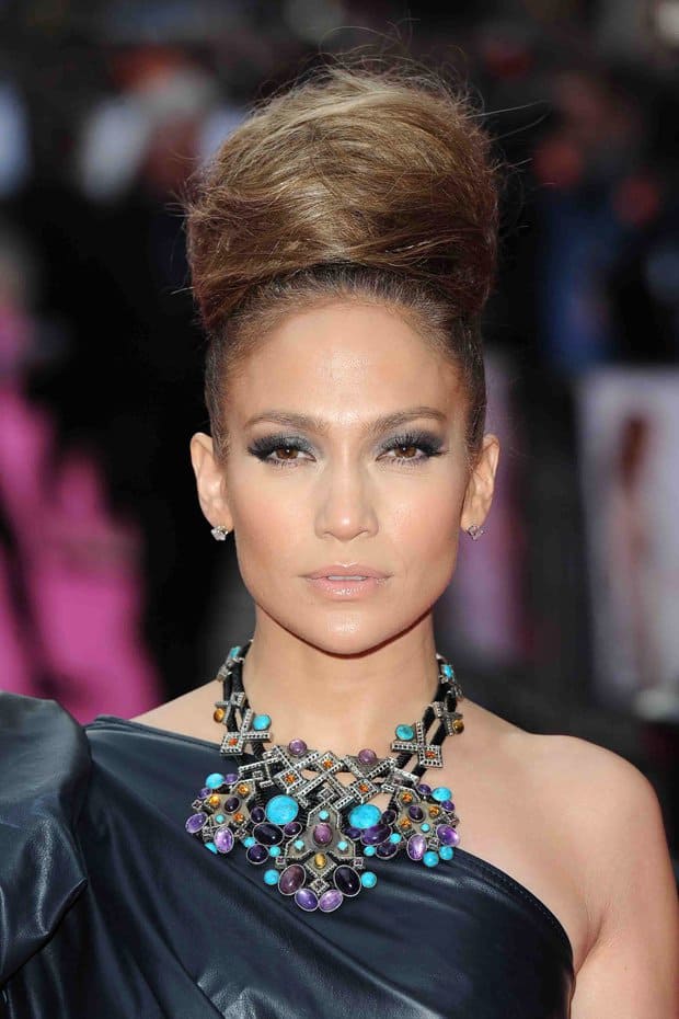 Jennifer Lopez wearing a statement necklace with her Lanvin one-shoulder dress