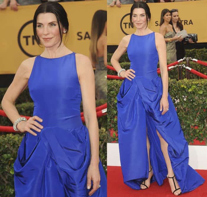 Julianna Margulies in a cobalt-blue Giambattista Valli Spring 2014 Couture gown on the red carpet at the 2015 Screen Actors Guild Awards