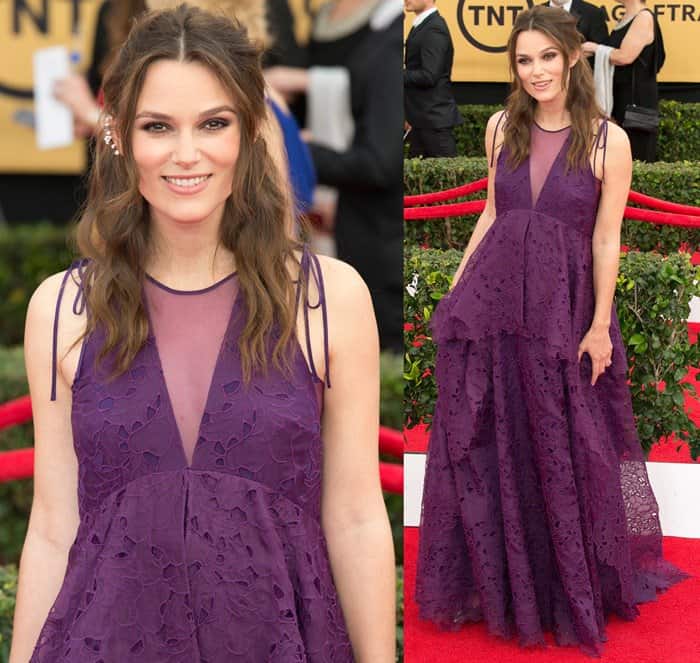 Keira Knightley in a lacy purple dress by Erdem on the red carpet at the 2015 Screen Actors Guild Awards