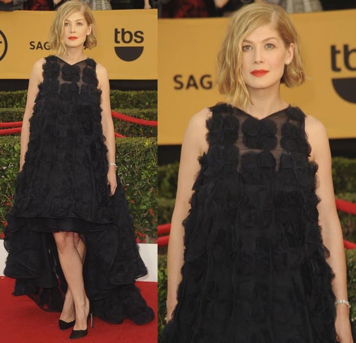 Rosamund Pike in a Christian Dior Spring 2014 Couture gown on the red carpet at the 2015 Screen Actors Guild Awards