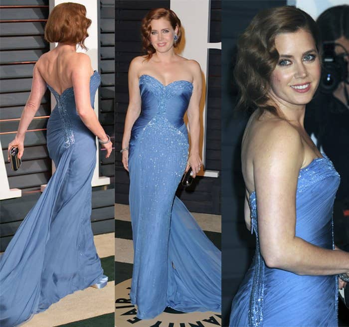 Amy Adams in a custom strapless light-blue Atelier Versace gown at the 2015 Vanity Fair Oscar Party