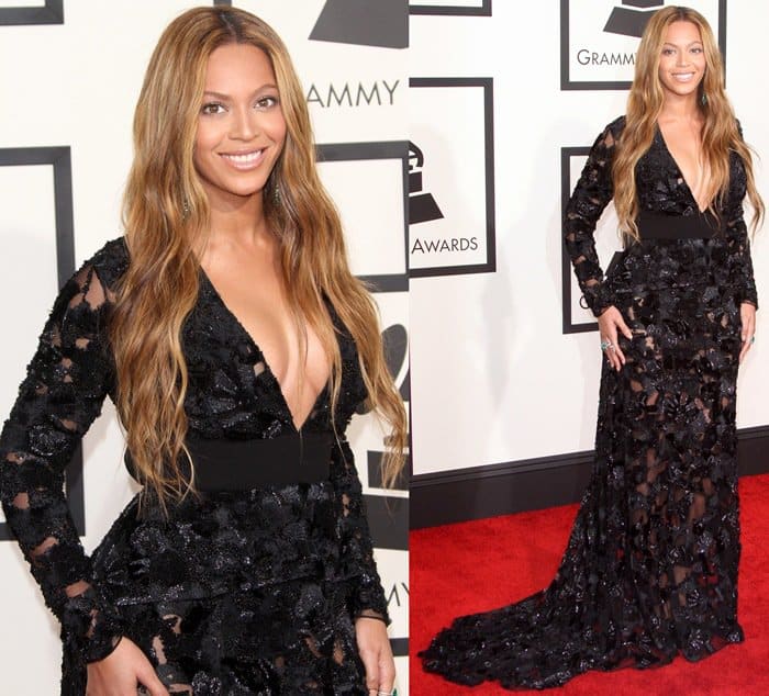 Beyoncé Giselle Knowles-Carter wore a custom Proenza Schouler lace gown with a plunging neckline that highlighted her curves on the red carpet at the 2015 Grammy Awards