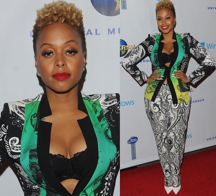 Chrisette Michele's ugly printed pantsuit at the 2014 Grammy Awards
