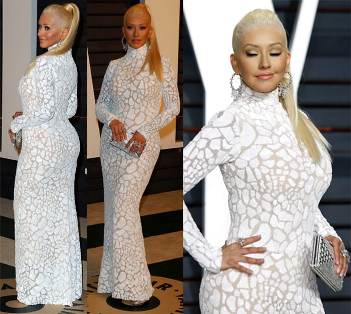 Christina Aguilera in a white Marc Bouwer gown with a broken-glass pattern at the 2015 Vanity Fair Oscar Party