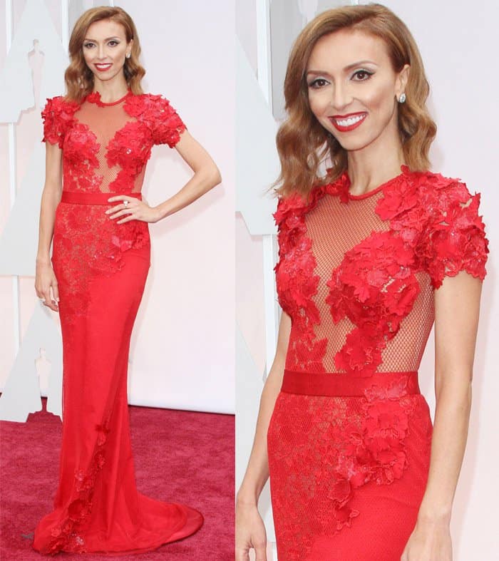 Giuliana Rancic coordinated with the red carpet in a figure-flattering Mireille Dagher mermaid gown with floral appliques at the 87th Annual Academy Awards