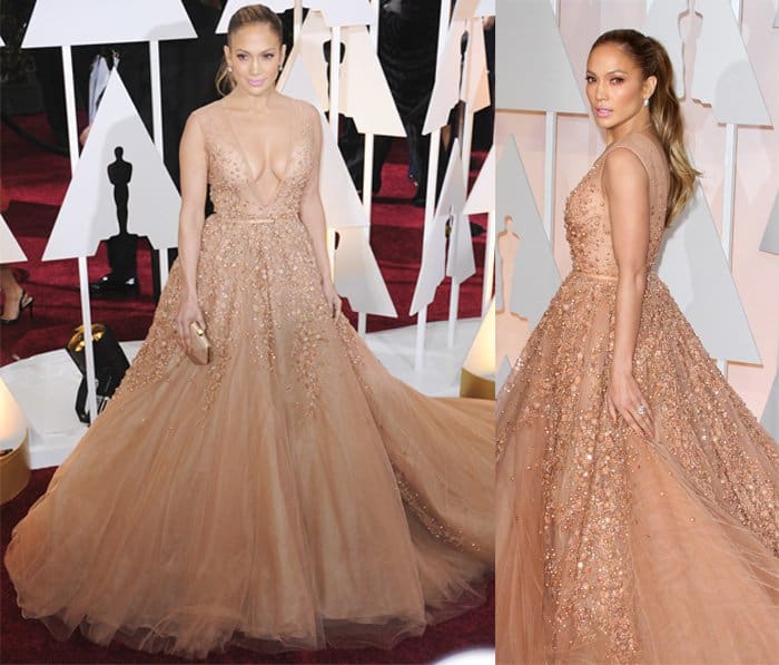 Jennifer Lopez's dress was designed by Elie Saab Haute Couture and showed off her cleavage with intricate beading on the bodice and skirt