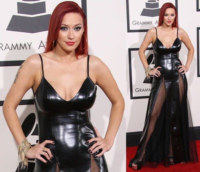 Kaya Jones in a revealing black liquid-like dress at the 2014 Grammy Awards
