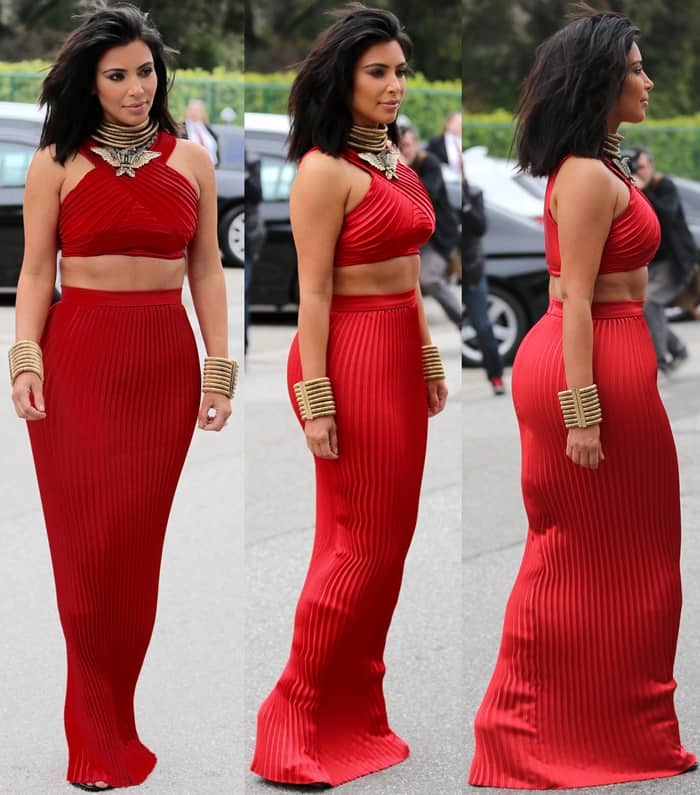 Kim Kardashian showed off her thick, choppy lob in a red Balmain dress