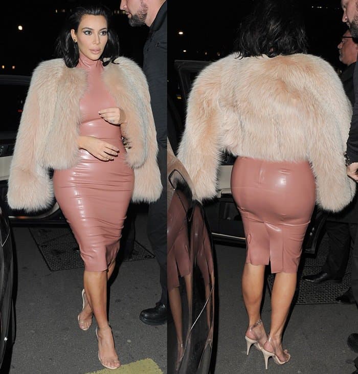 Kim Kardashian in a sleeveless “Joy” dress from Atsuko Kudo styled with a large beige fur coat