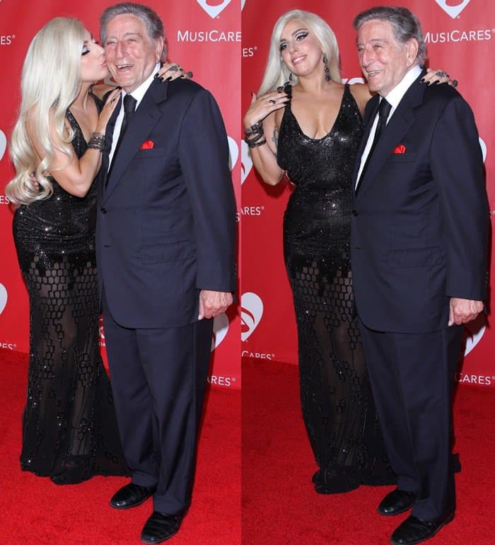 Lady Gaga kisses Tony Bennett at the MusiCares 2015 Person Of The Year Gala