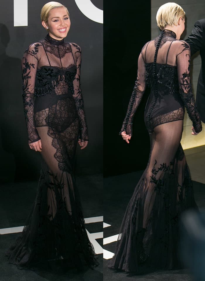 Miley Cyrus in a sheer black dress at the Tom Ford Autumn/Winter 2015 presentation