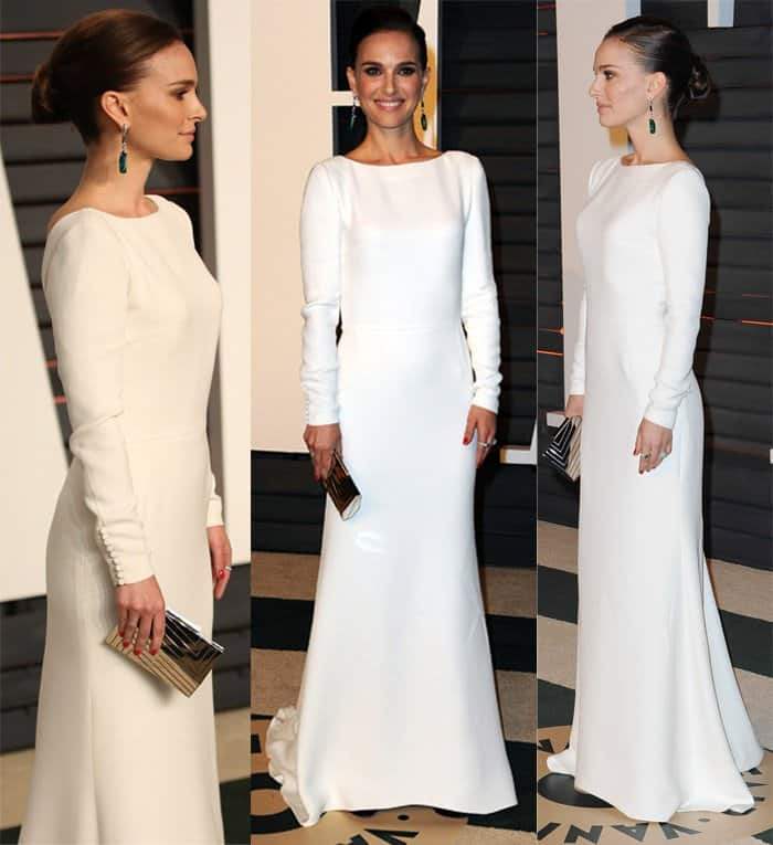 Natalie Portman arrived at the 2015 Vanity Fair Oscar Party in a Dior gown with Cartier and Eddie Borgo jewelry