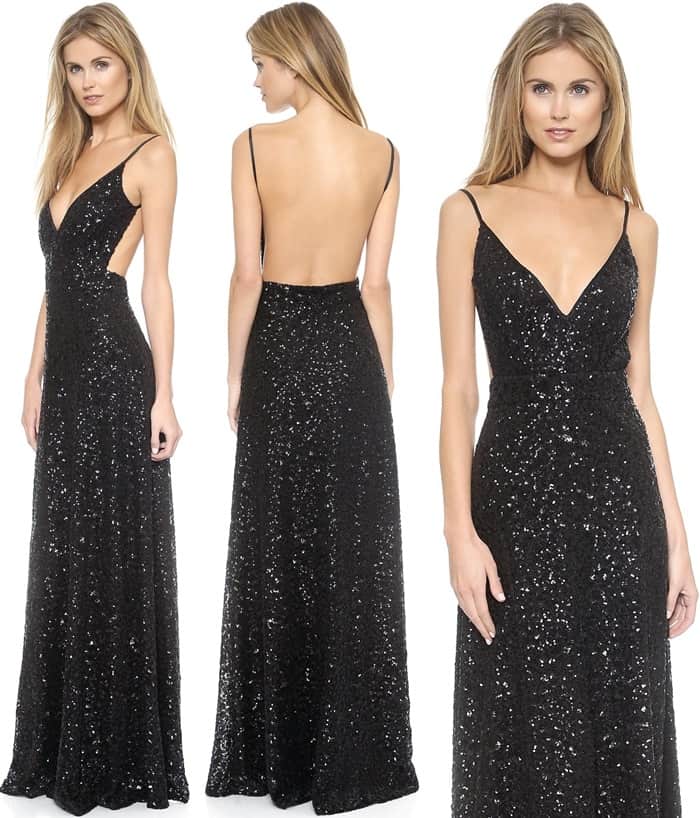 Allover sequins give this black dress a glamorous, textured effect