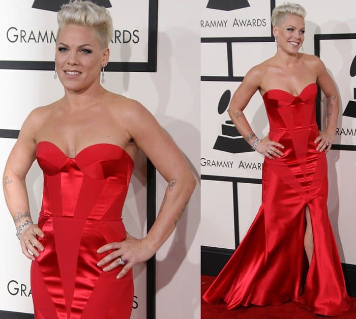 Pink selected a dress that matched the red carpet at the 2014 Grammy Awards
