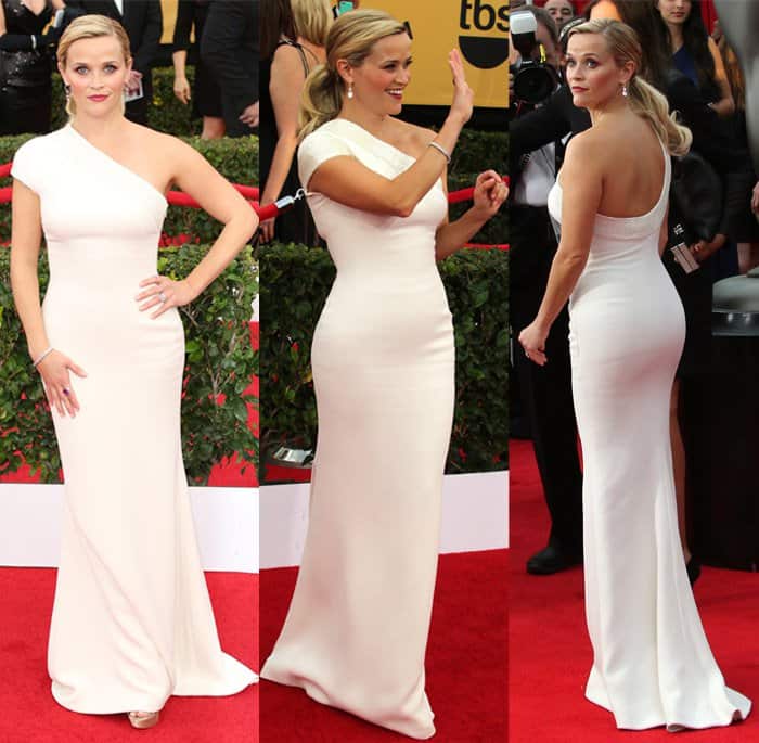 Reese Witherspoon wearing a custom white Giorgio Armani gown with Harry Winston jewelry