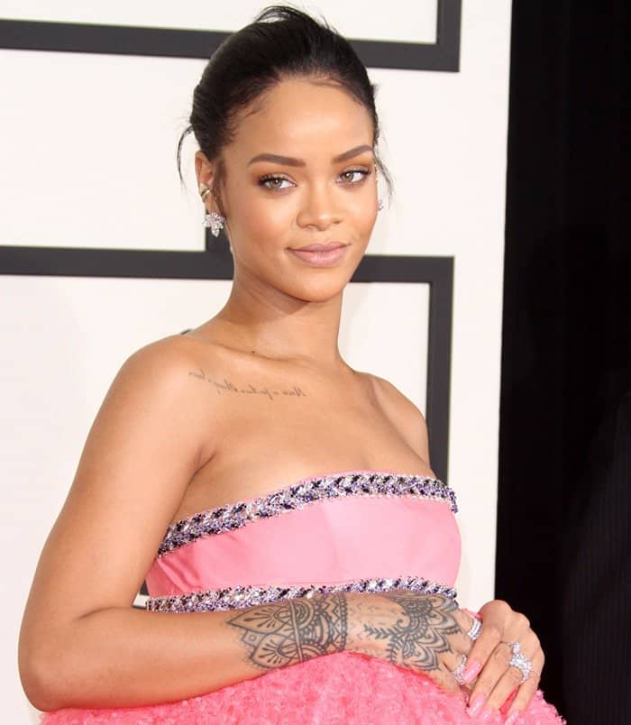 Rihanna wearing a strapless cupcake-pink dress 